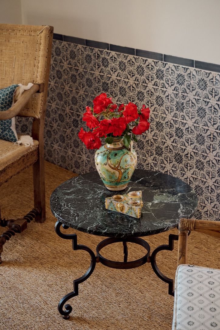 A marble table and hand-painted ceramics