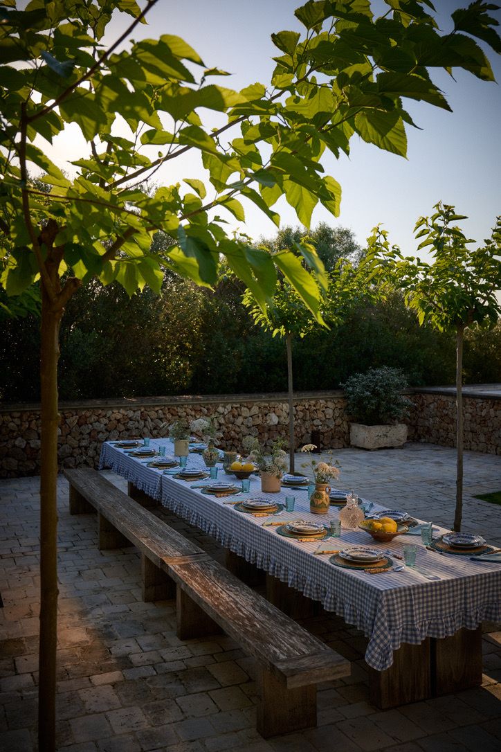A long table laid beneath the mulberry trees