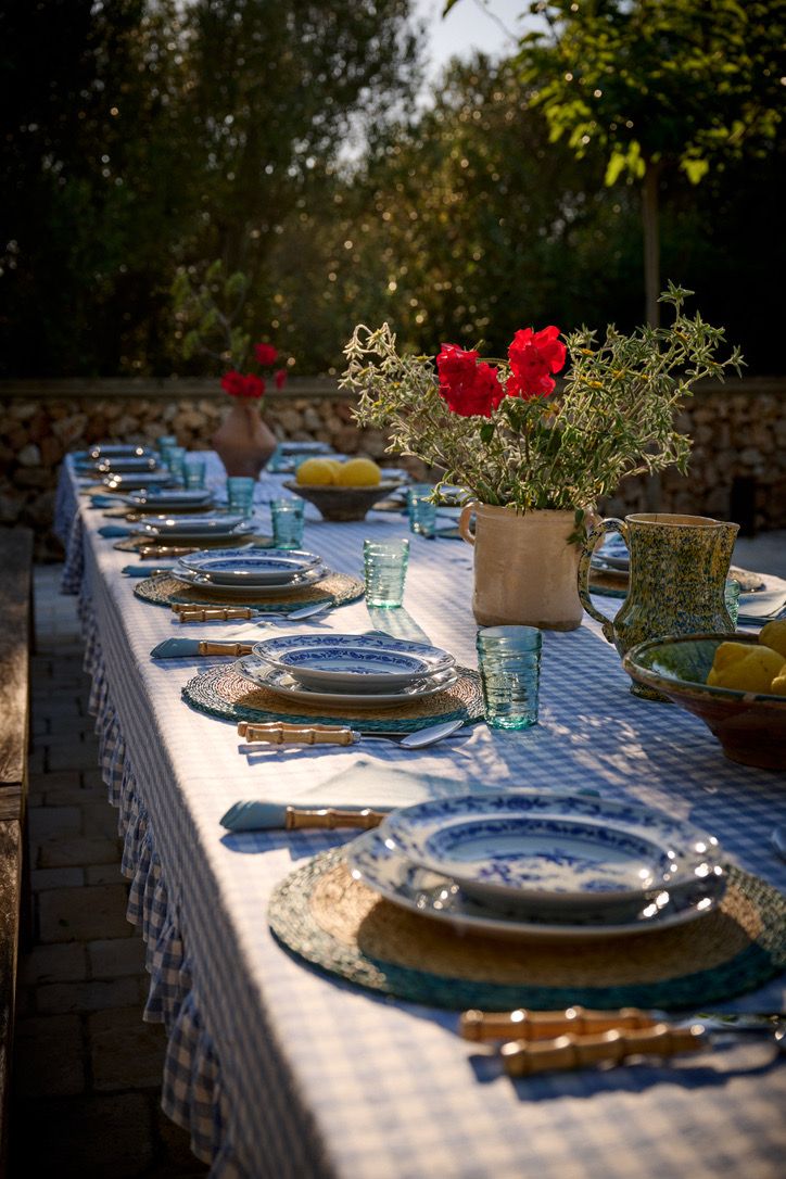 Blue-and-white plates and geraniums on the gingham cloth